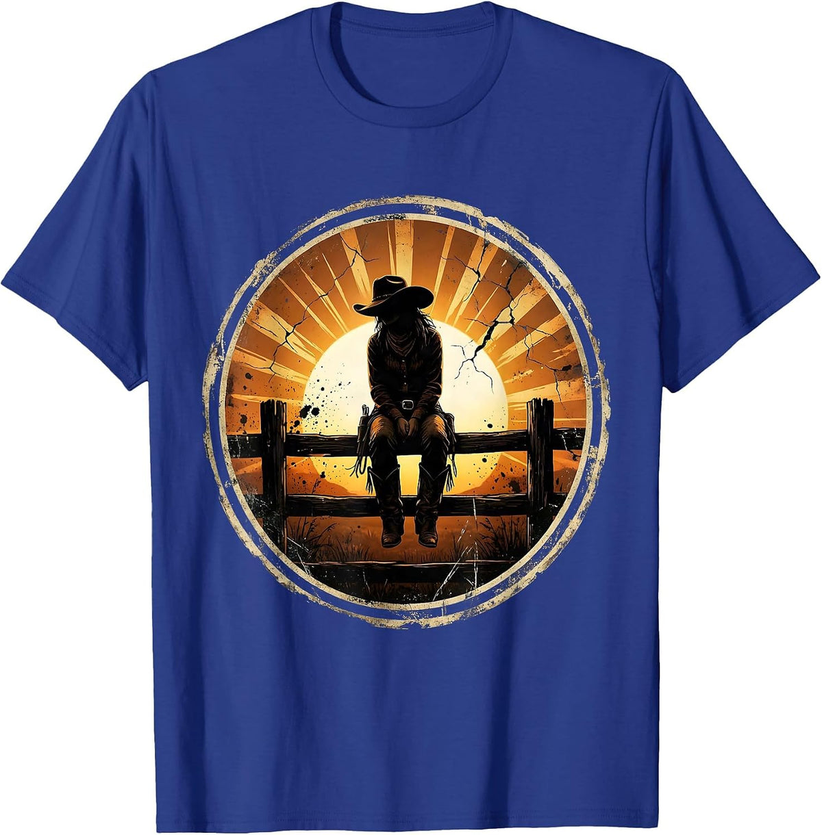 Cowgirl Sitting on Fence at Dusk Illustration T-Shirt - Royal Blue