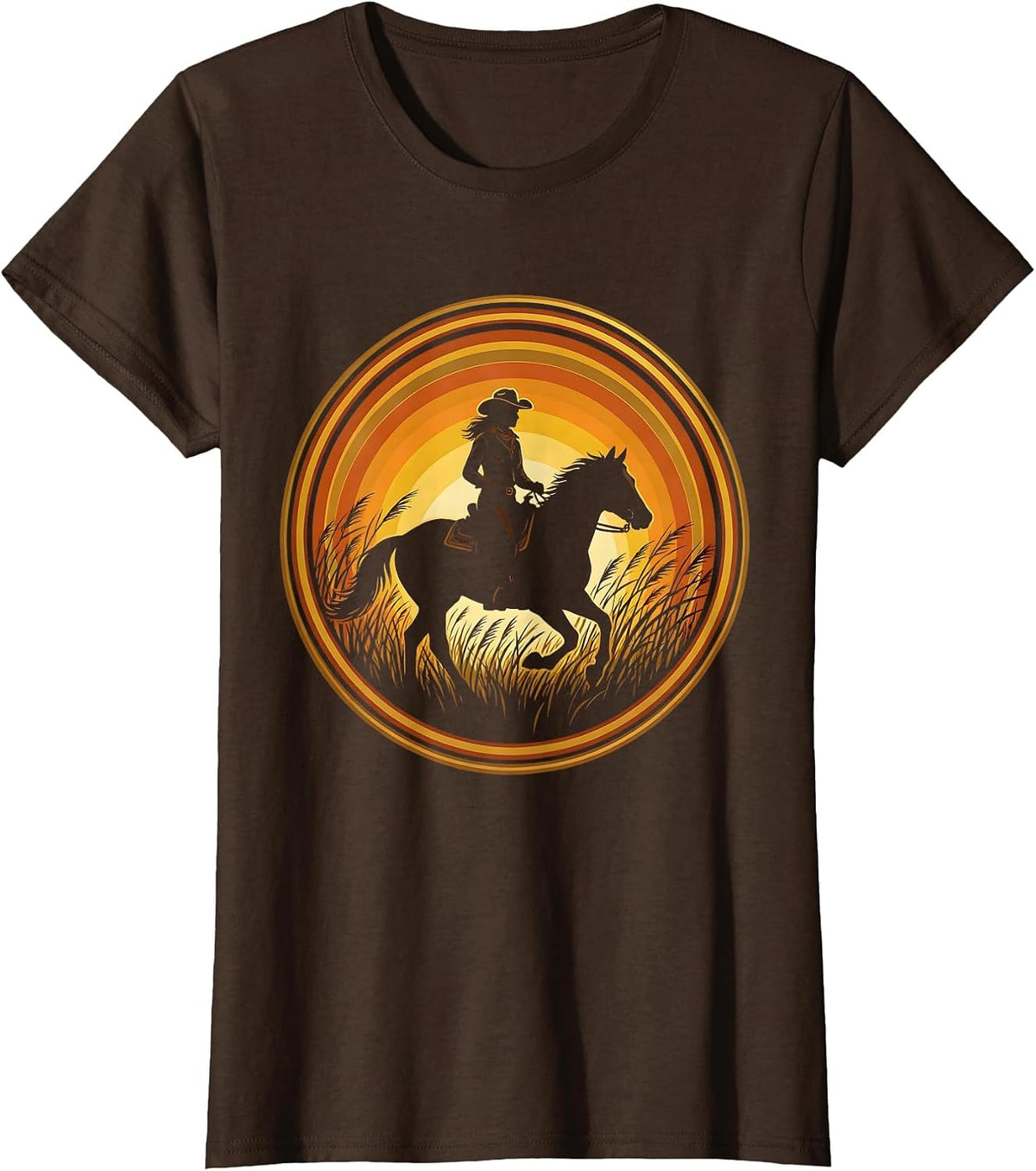 Women's Cowgirl on Horseback Golden Grass 90s Country T-Shirt - Brown