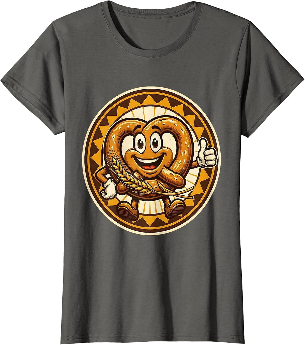 Women's German Pretzel and Wheat Stalk Illustration T-Shirt - Asphalt Grey