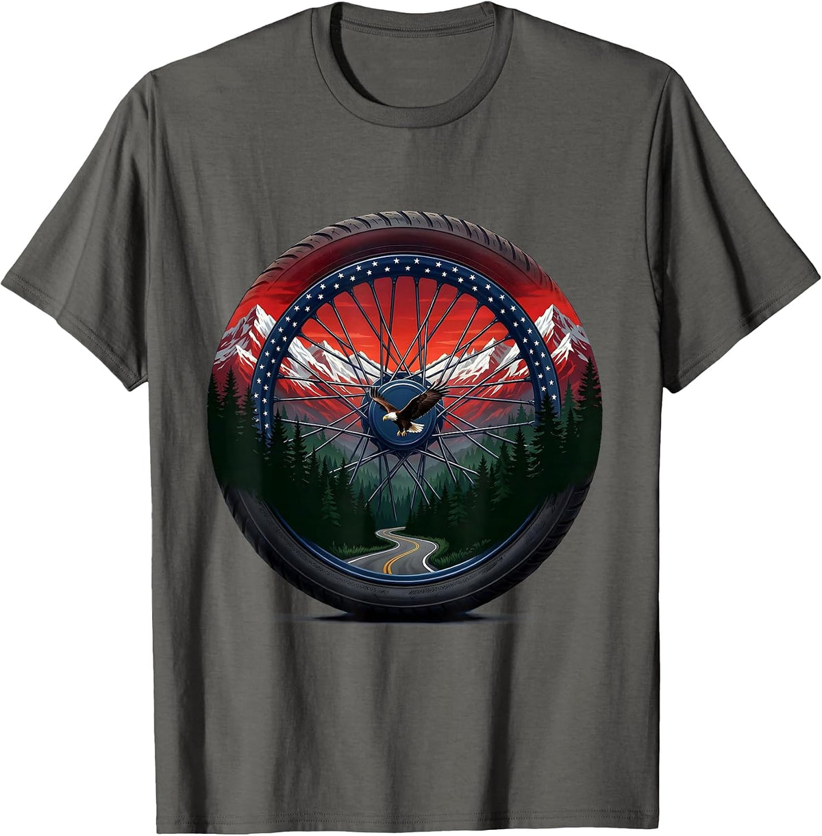 Men's American Flag Motorcycle Wheel Spinning Road T-Shirt - Asphalt Grey