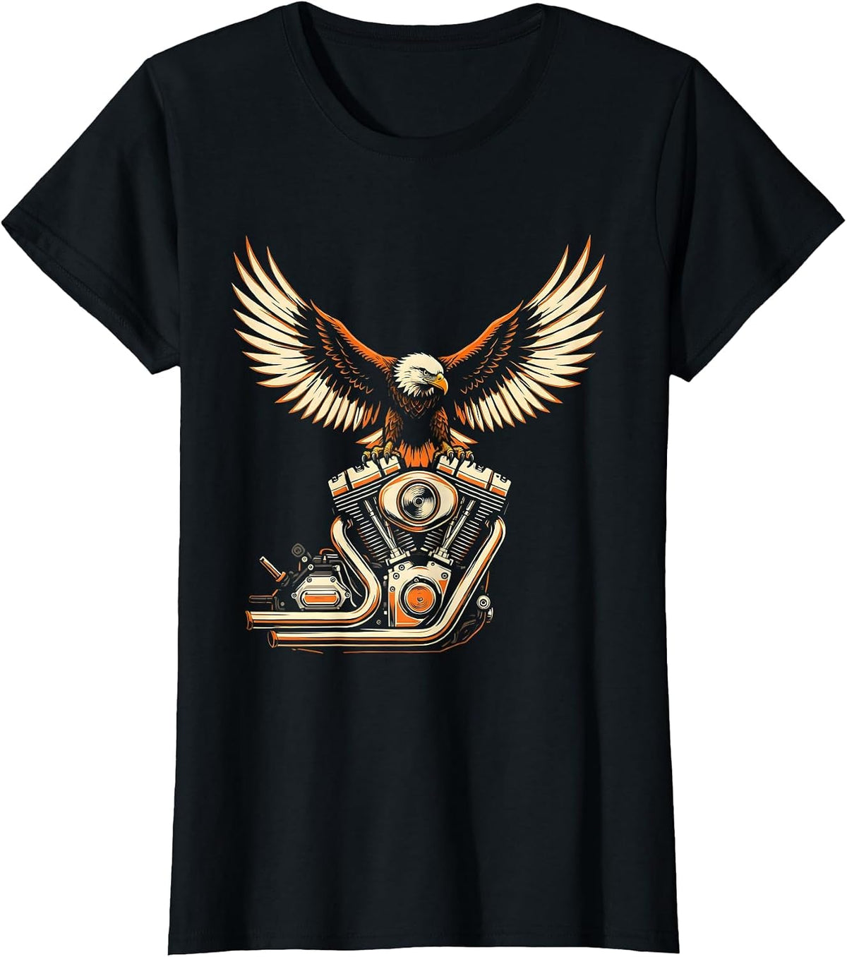 Eagle Wings Chrome Engine Motorcycle Graphic T-Shirt - Black
