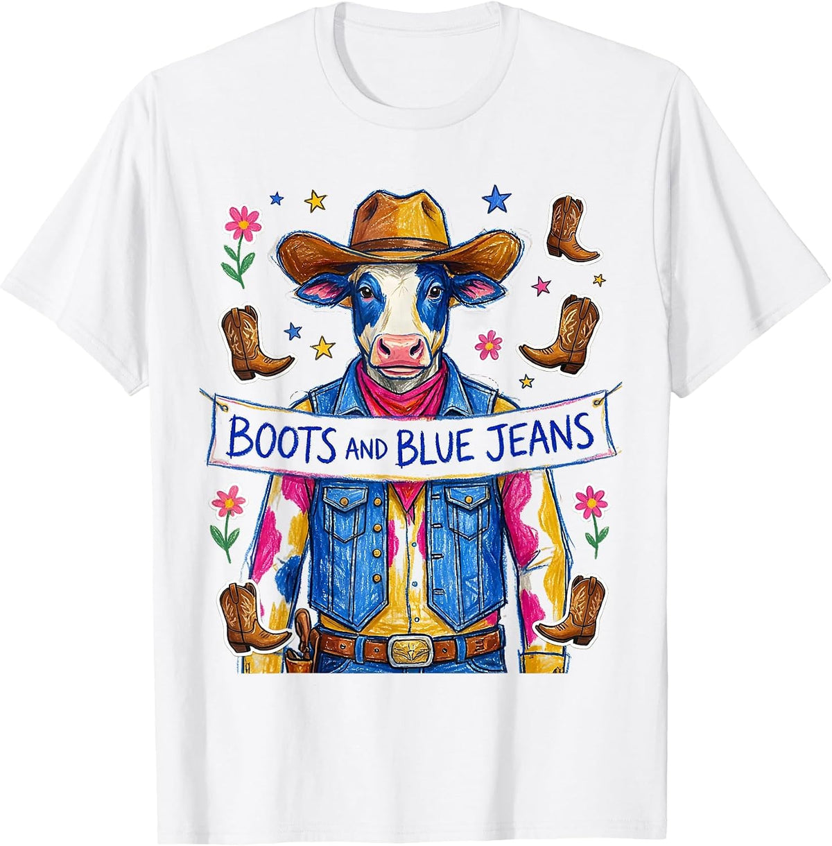 Boots and Blue Jeans Denim Cowgirl Design T-Shirt - White