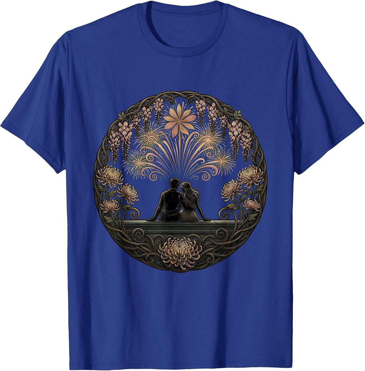 Couple Watching Fireworks From a Rooftop T-Shirt - Royal Blue