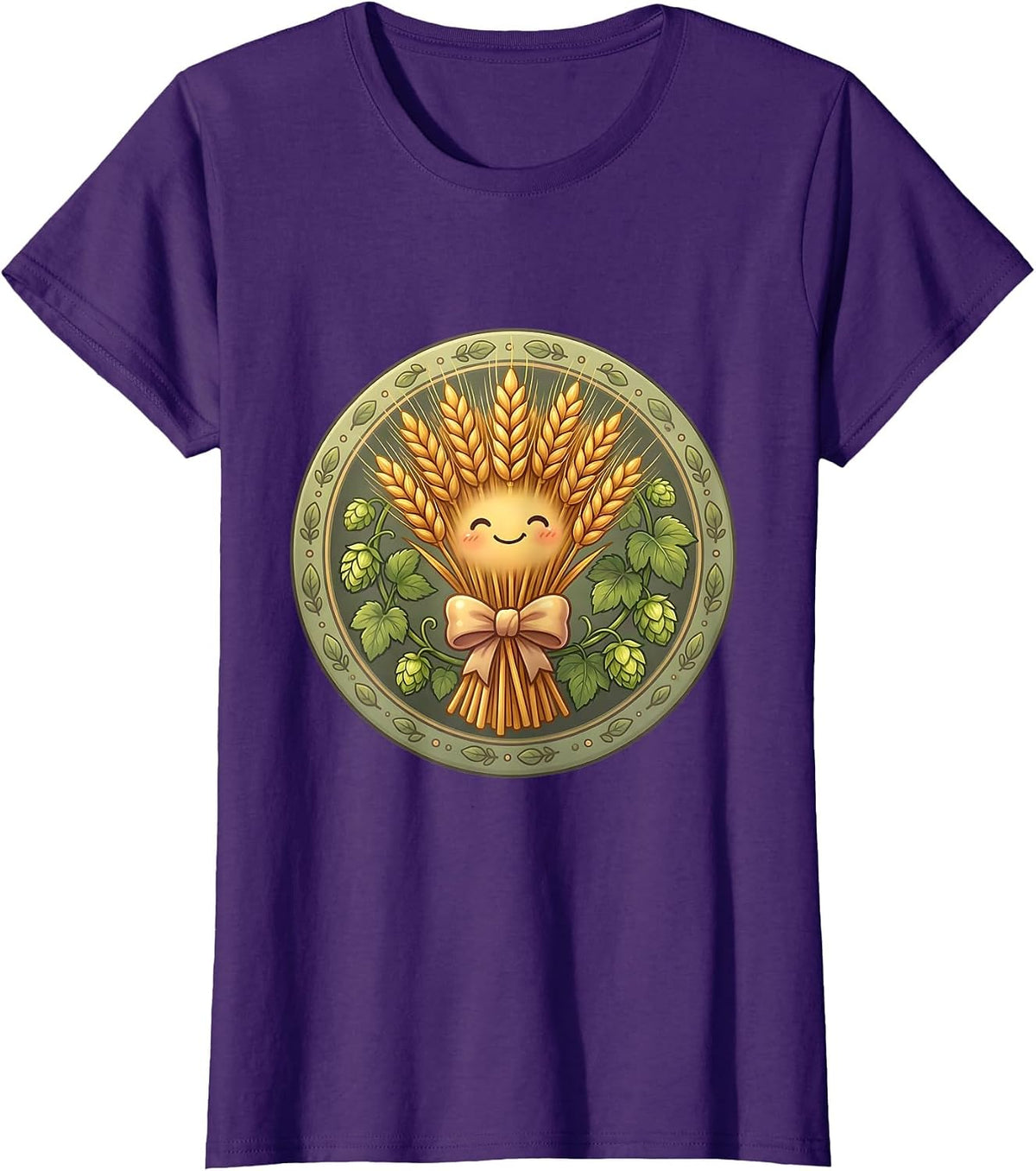 Oktoberfest Hop Vine and Wheat Bundle Design T-Shirt - Purple