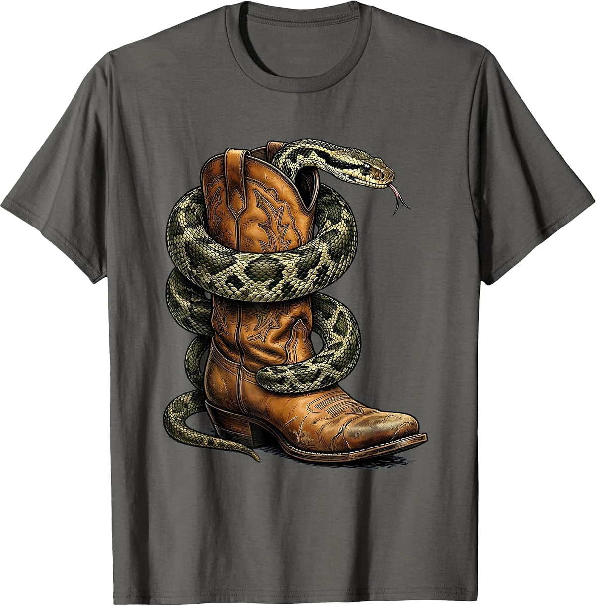 Snake Coiled Cowboy Boot Cowgirl Western Graphic T-Shirt - Asphalt Grey