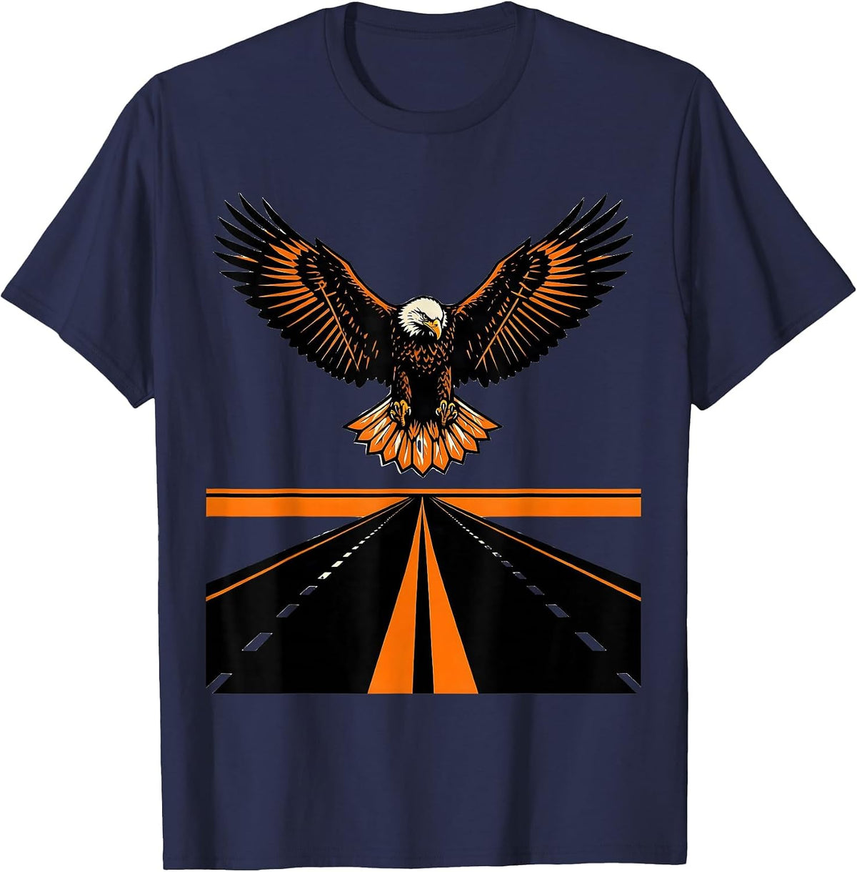 Men's Eagle Soaring Over Open Highway Motorcycle Design T-Shirt - Navy Blue