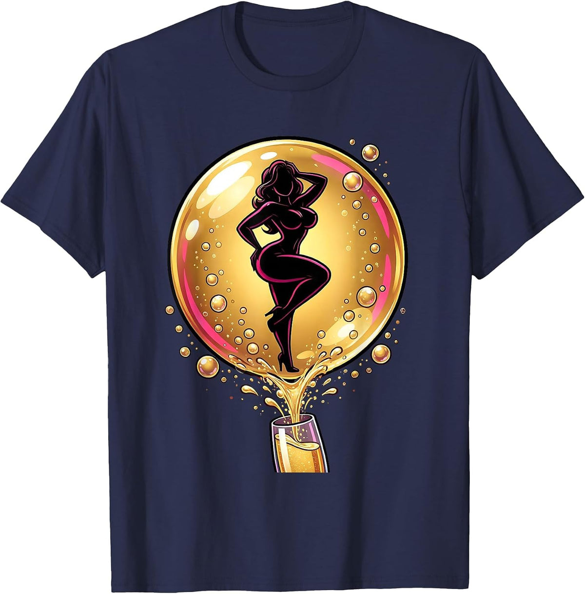 Silhouette in Champagne Bubbles Graphic Tee T-Shirt - Navy Blue