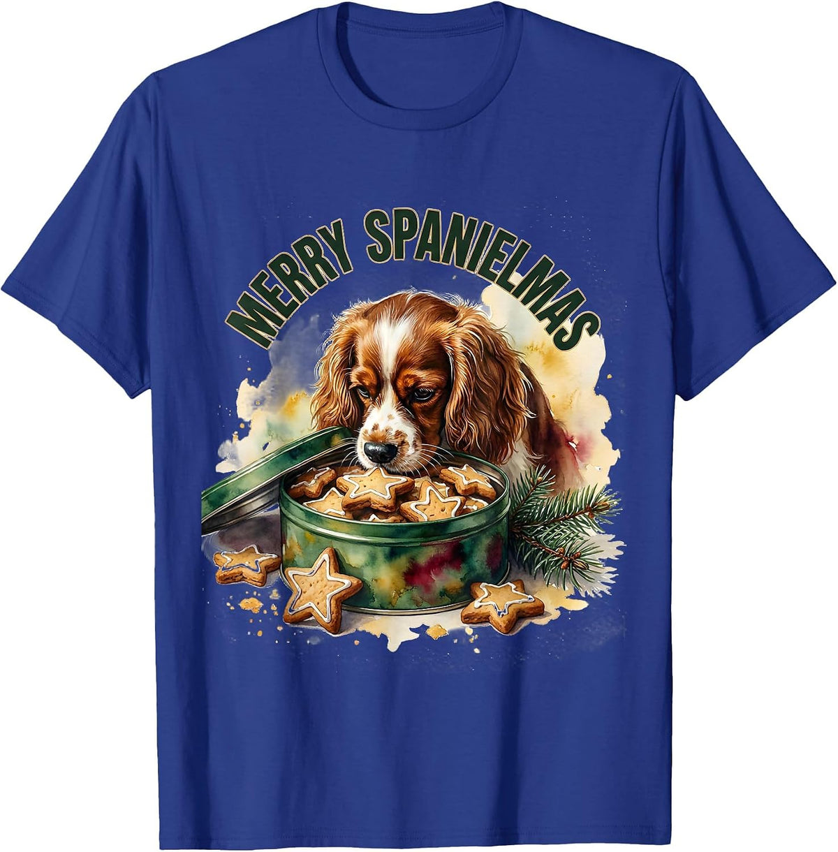 Men's Merry Spanielmas Watercolor Christmas Dog Lover Holiday T-Shirt - Royal Blue