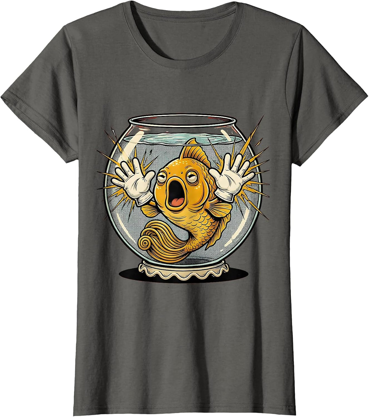 Women's Goldfish Staring Out of a Cracked Fishbowl T-Shirt - Asphalt Grey