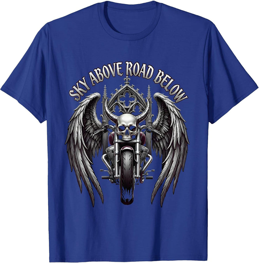 Sky Above Road Below Motorcycle Design T-Shirt - Royal Blue