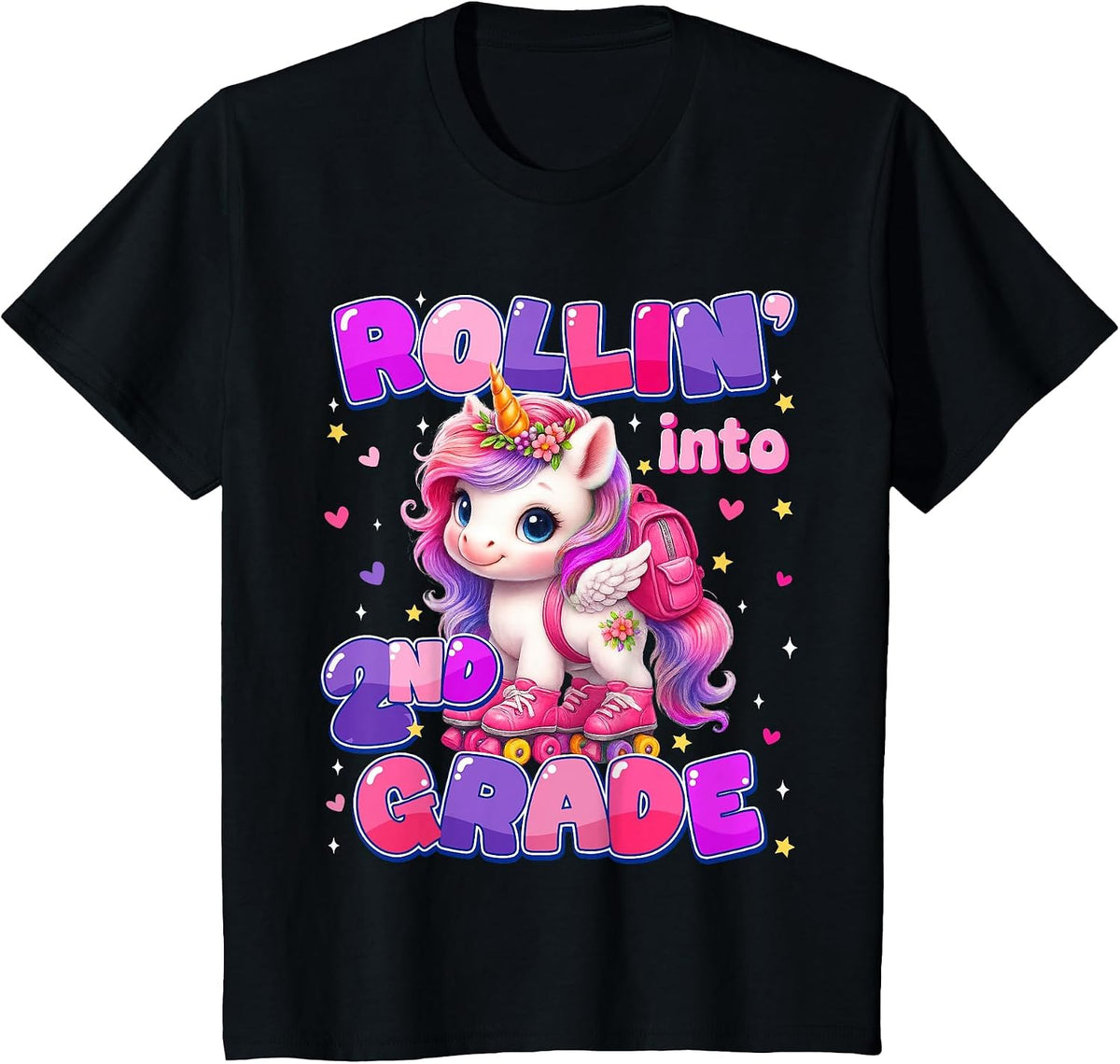Rolling Into 2nd Grade Unicorn First Day of School Girls T-Shirt - Black