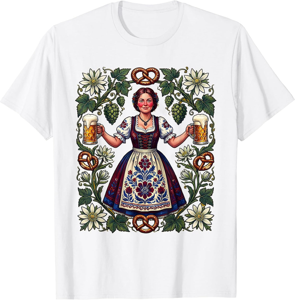Men's Bavarian Beer Maiden Oktoberfest Illustration T-Shirt - White