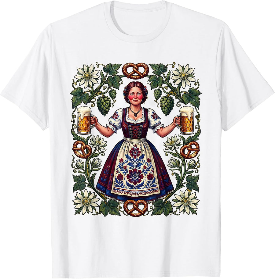 Men's Bavarian Beer Maiden Oktoberfest Illustration T-Shirt - White