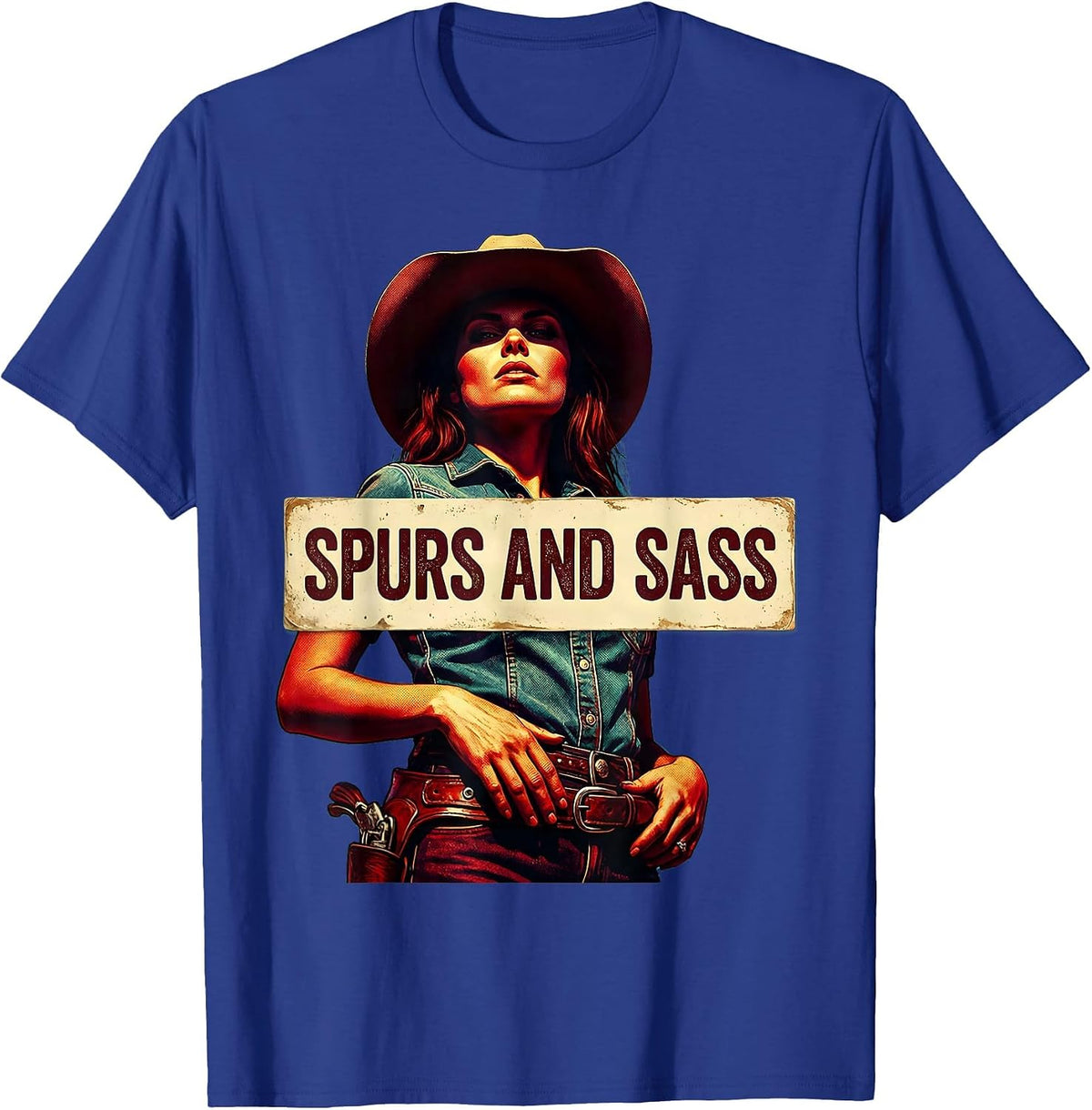 Spurs and Sass Cowgirl Graphic Design T-Shirt - Royal Blue