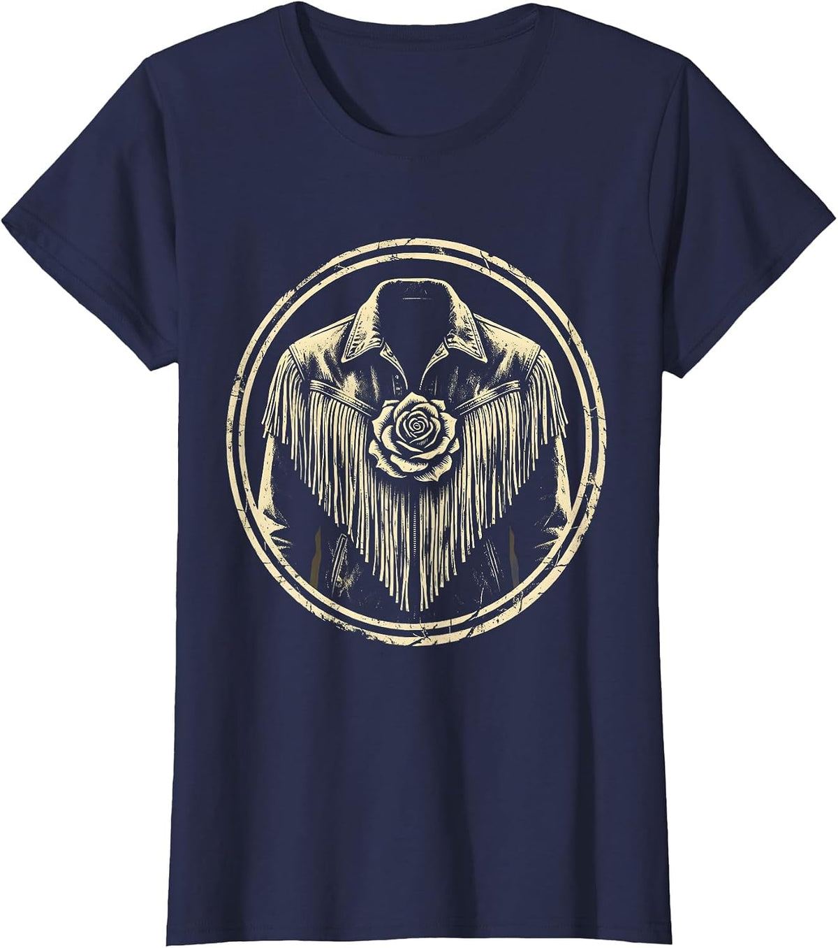 Women's Cowgirl Fringe Jacket Desert Rose Graphic T-Shirt - Navy Blue
