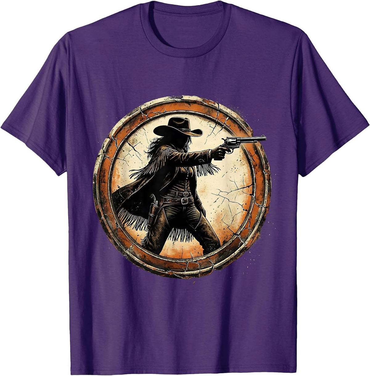 White Cowgirl Drawing Revolver Wide Stance T-Shirt - Purple
