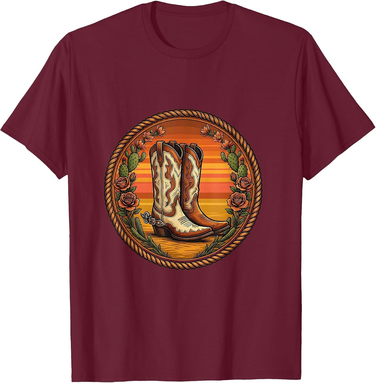 Cowgirl Boots Spurs and Desert Roses Graphic T-Shirt - Burgundy