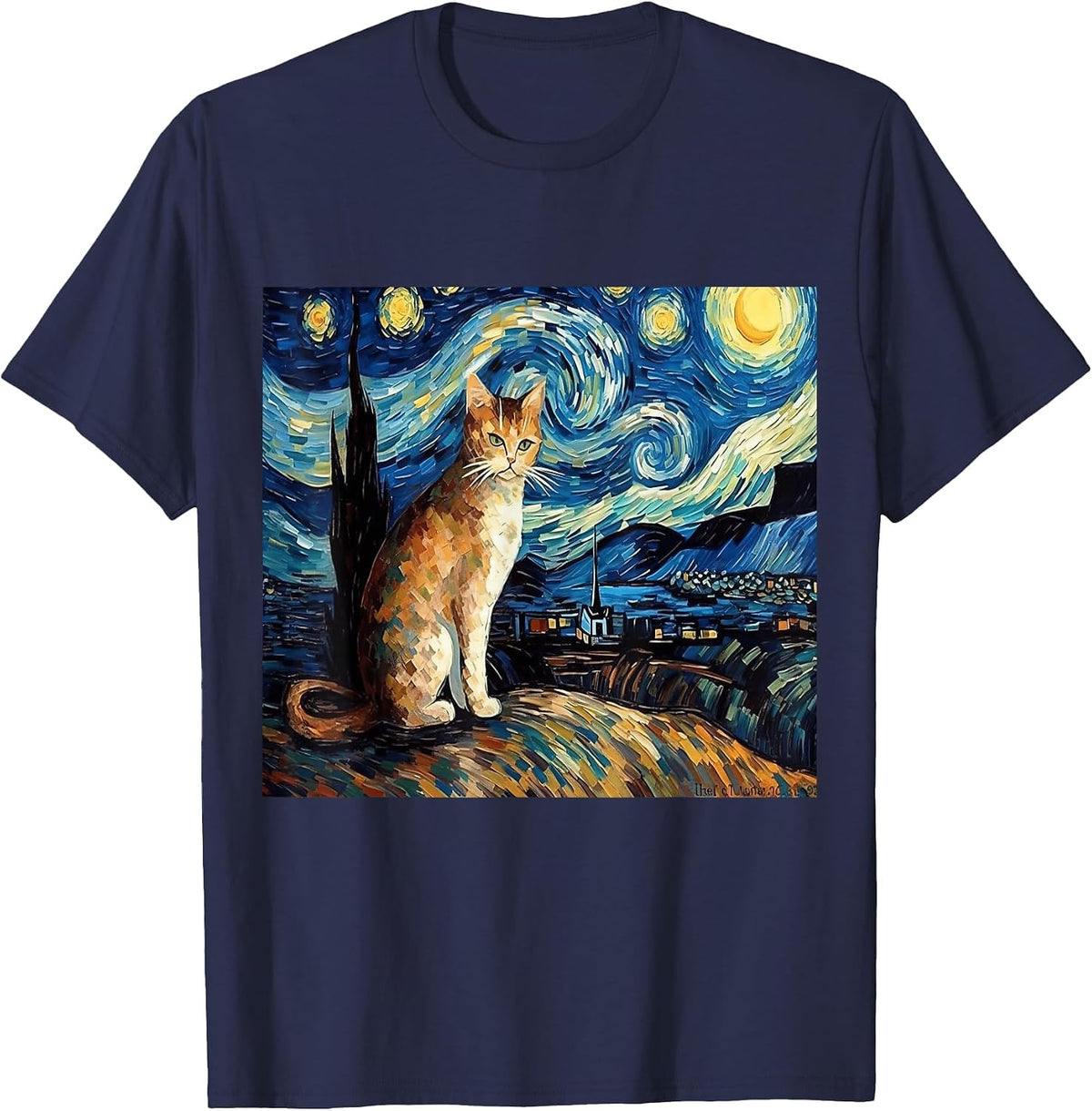 Calico Cat Starry Night Moon and Stars Art T-Shirt - Navy Blue