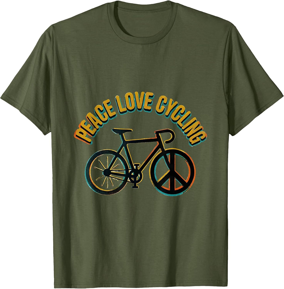 Men's Peace Love Cycling Retro Hippie Peace Sign Nostalgia T-Shirt - Olive Green