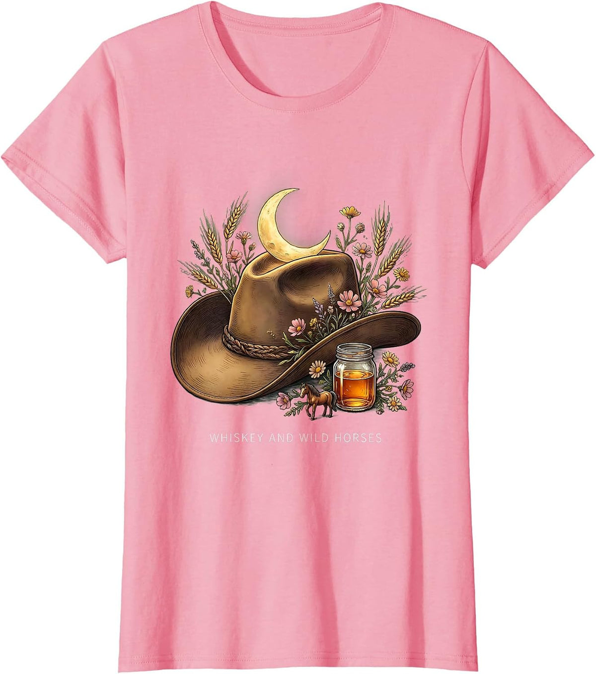 Women's Whiskey and Wild Horses Cowgirl Design T-Shirt - Pink