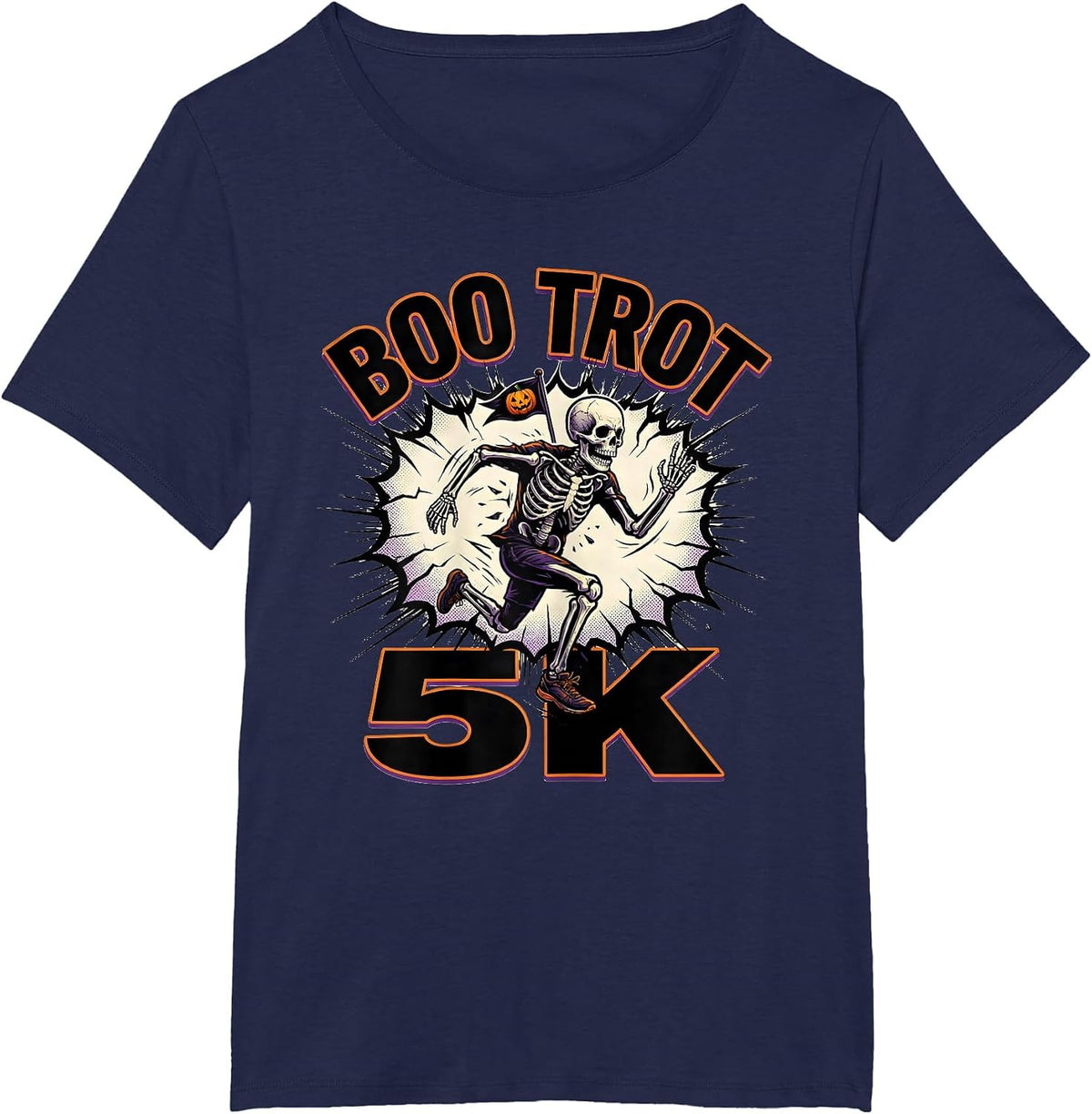 Women's Boo Trot 5K Comic Book Skeleton Runner Halloween Fun Run T-Shirt - Navy Blue