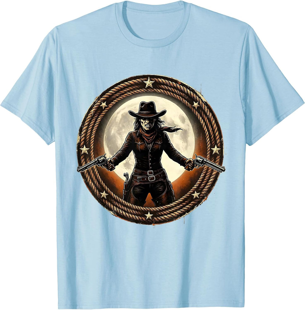 Men's Fierce Cowgirl Drawing Pistols Under Full Moon T-Shirt - Baby Blue
