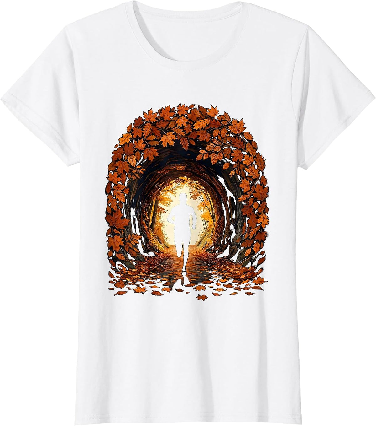 Runner Silhouette Autumn Leaf Tunnel Graphic Tee T-Shirt - White