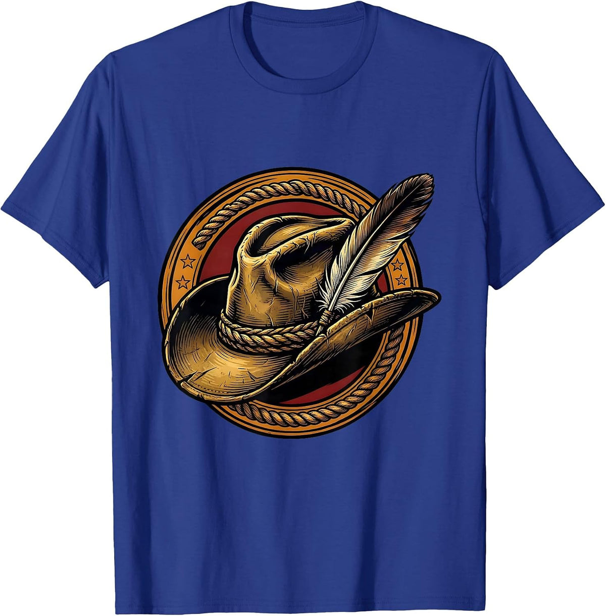 Weathered Cowboy Hat with Feather Illustration T-Shirt - Royal Blue