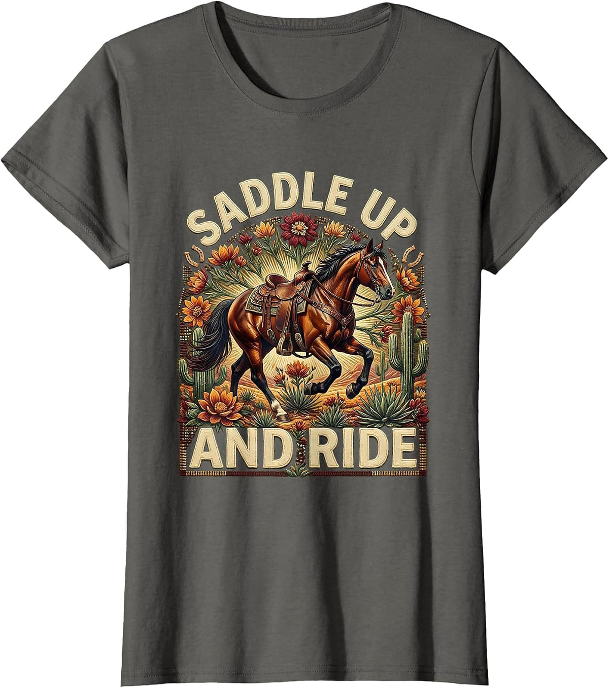 Women's Saddle Up and Ride Western Cowboy Design T-Shirt - Asphalt Grey