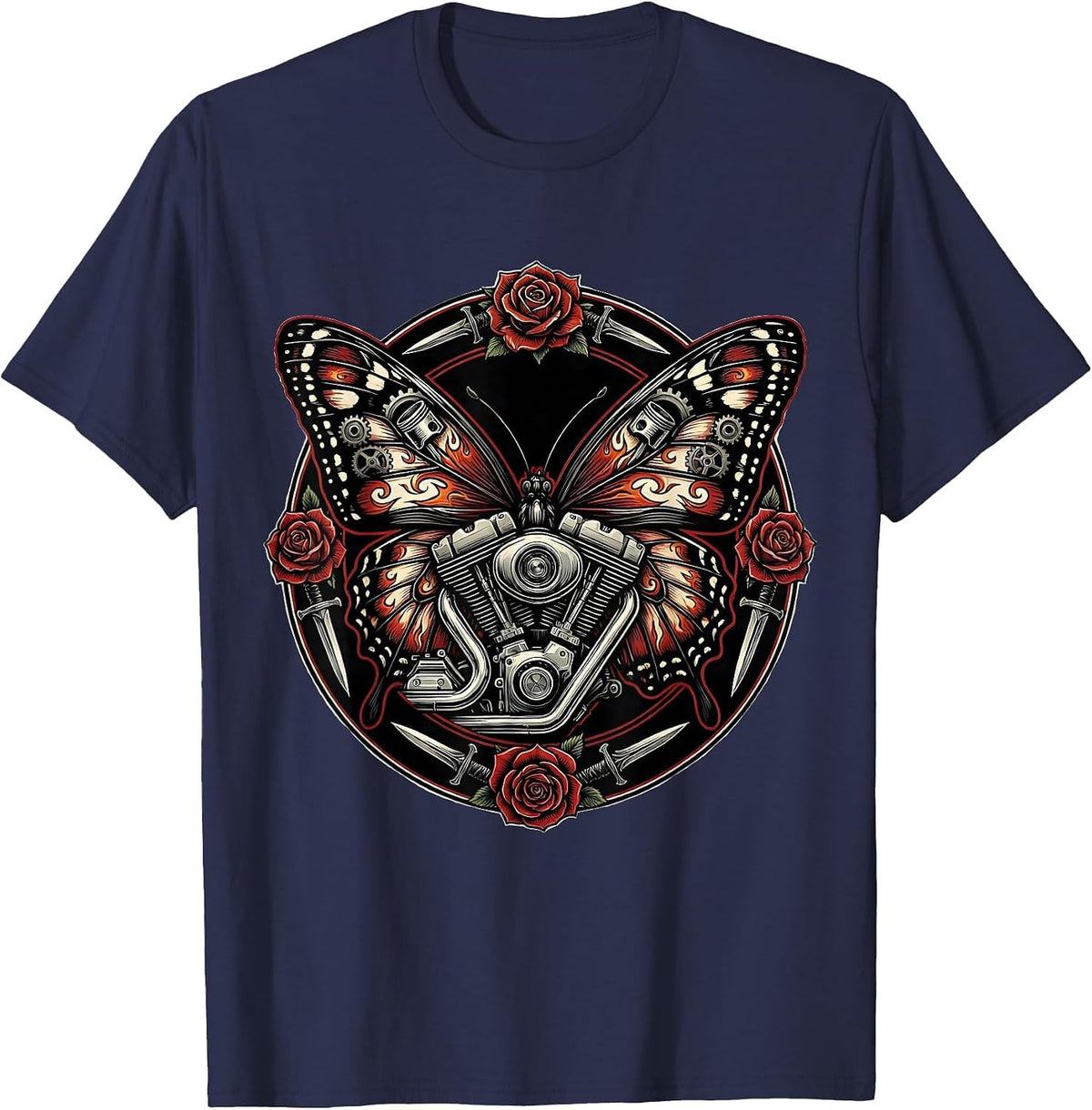 Men's Butterfly Wings Motorcycle Engine Graphic Tee T-Shirt - Navy Blue
