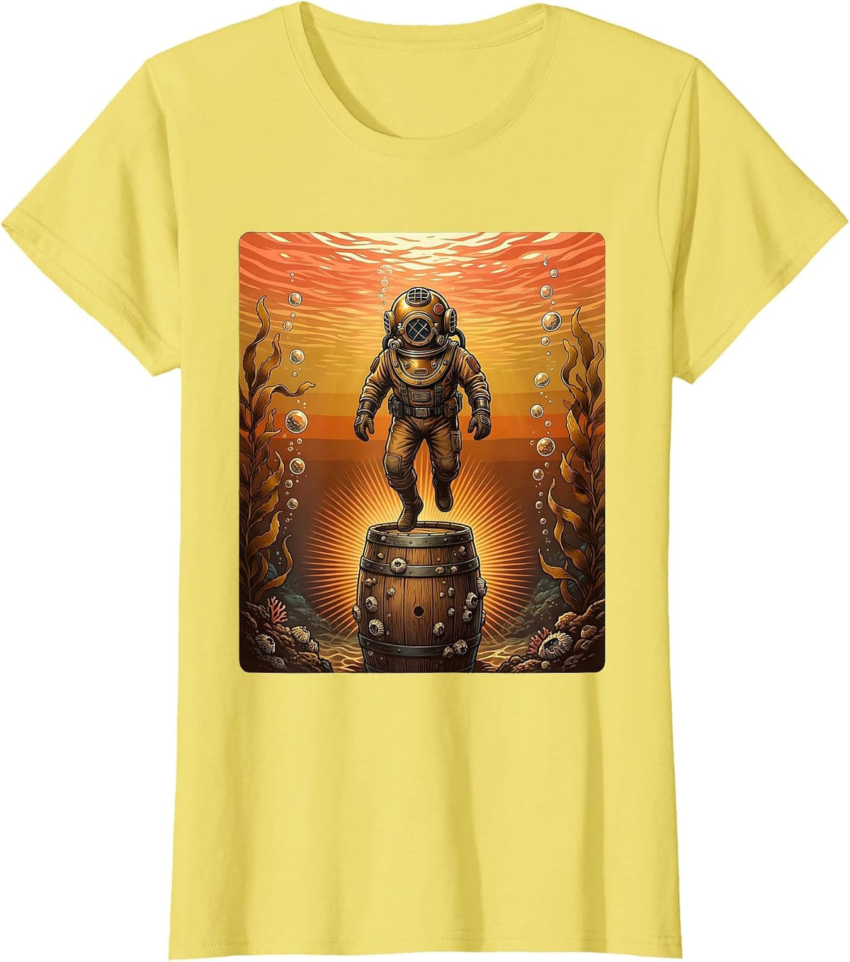 Deep Sea Diver Sunken Beer Barrel Discovery T-Shirt - Lemon Yellow