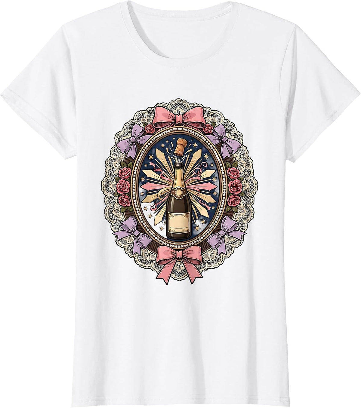 Women's Birthday Champagne Bottle Popping Fireworks Design T-Shirt - White