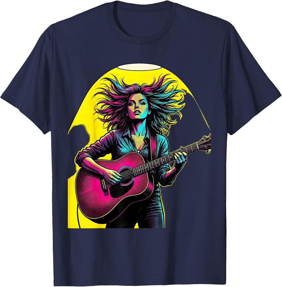 Acoustic Guitar Spotlight Musician Illustration T-Shirt - Navy Blue