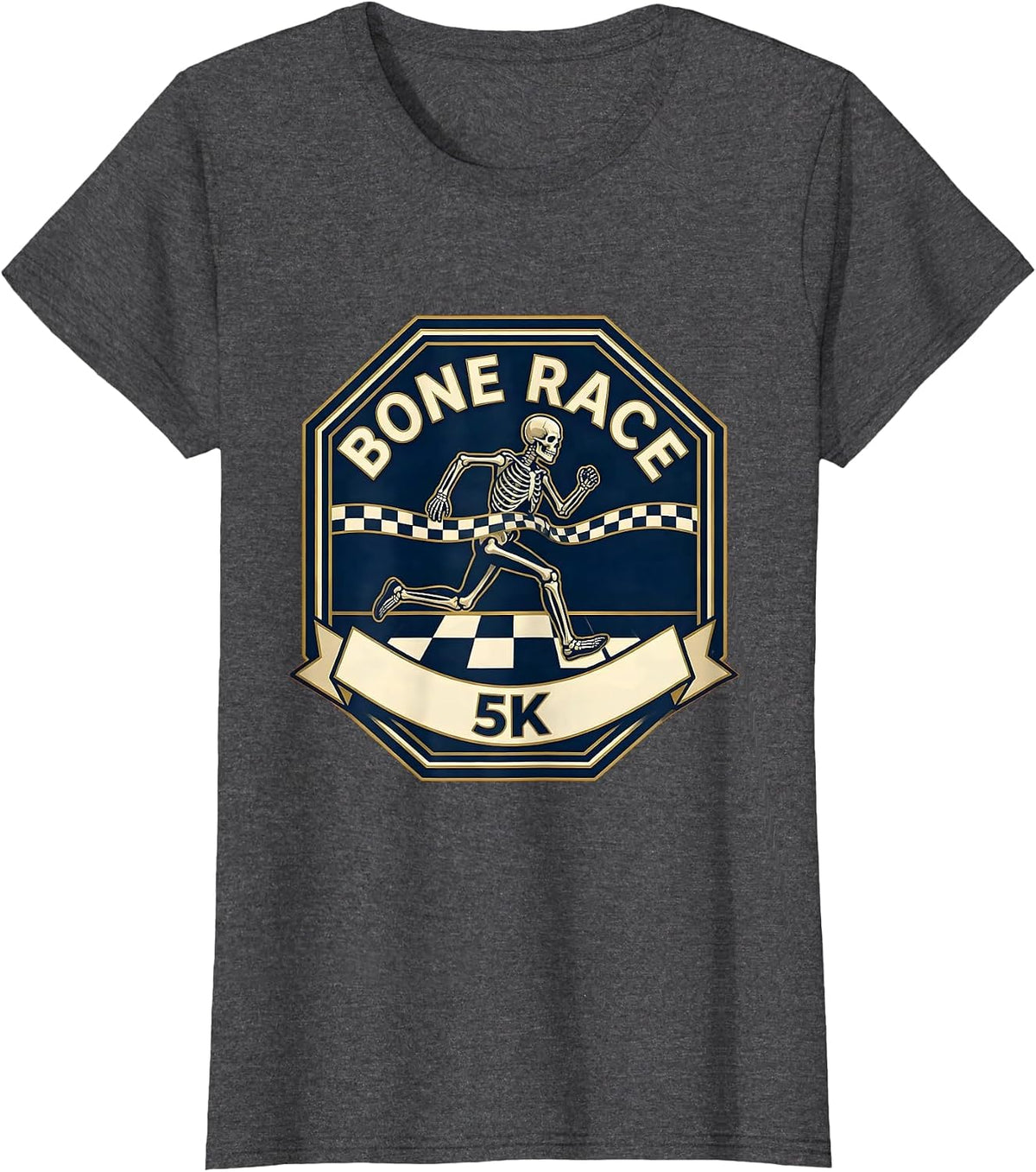 Women's Bone Race 5K Funny Skeleton Runner Halloween Fun Run T-Shirt - Dark Heather Grey