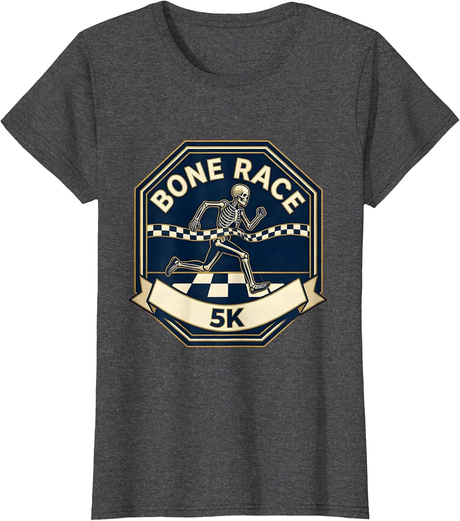 Women's Bone Race 5K Funny Skeleton Runner Halloween Fun Run T-Shirt - Dark Heather Grey