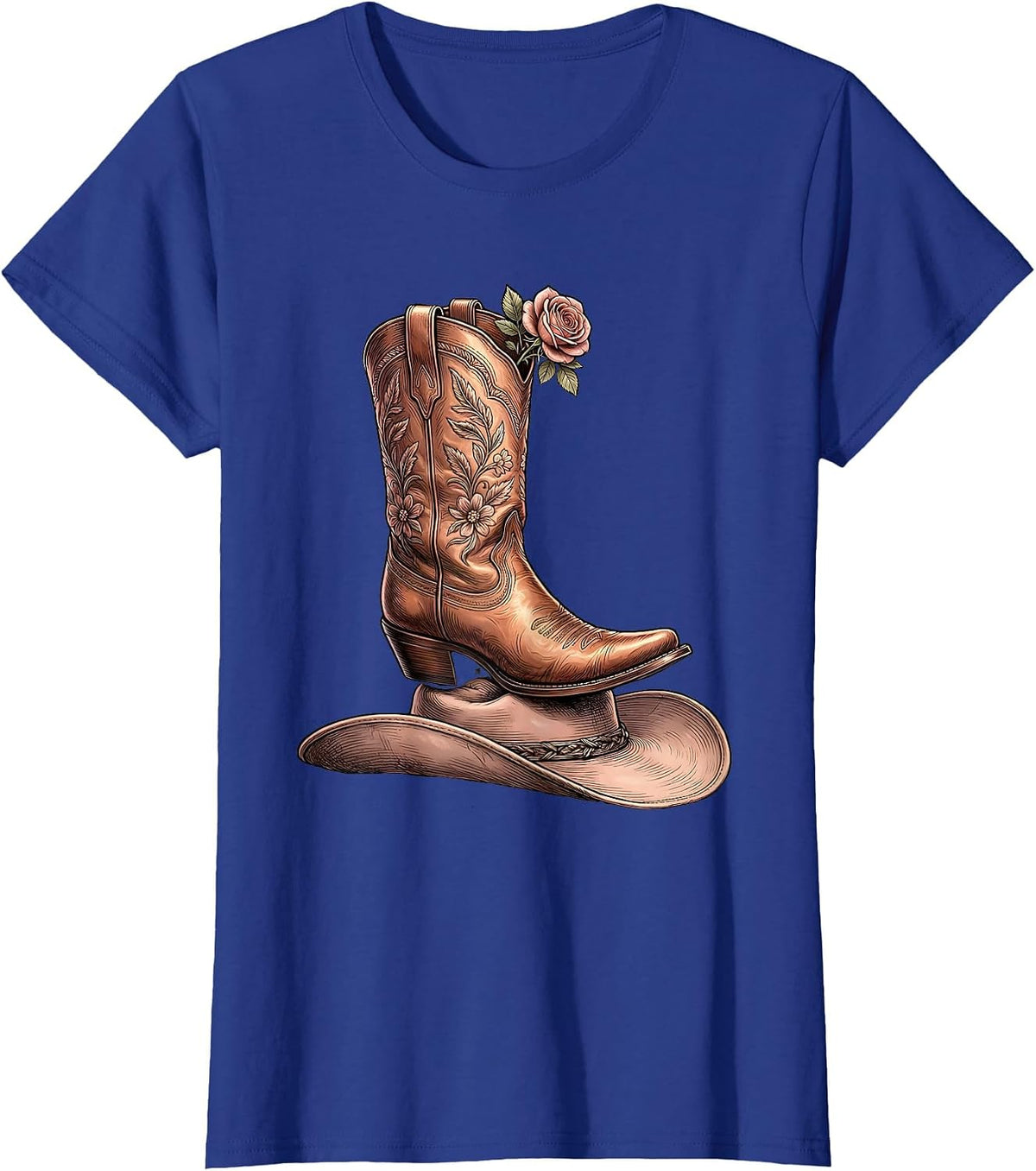 Women's Cowgirl Boots on Cowboy Hat Bold Western Design T-Shirt - Royal Blue