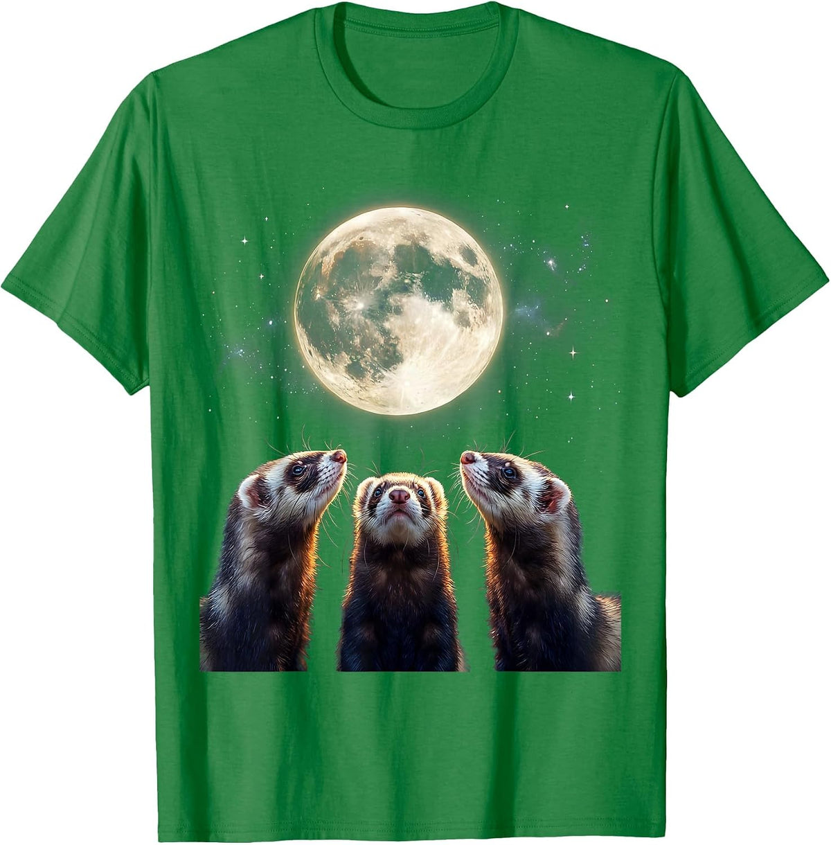 Men's Three Ferrets Howling at Moon Cosmic Meme Humor T-Shirt - Kelly Green