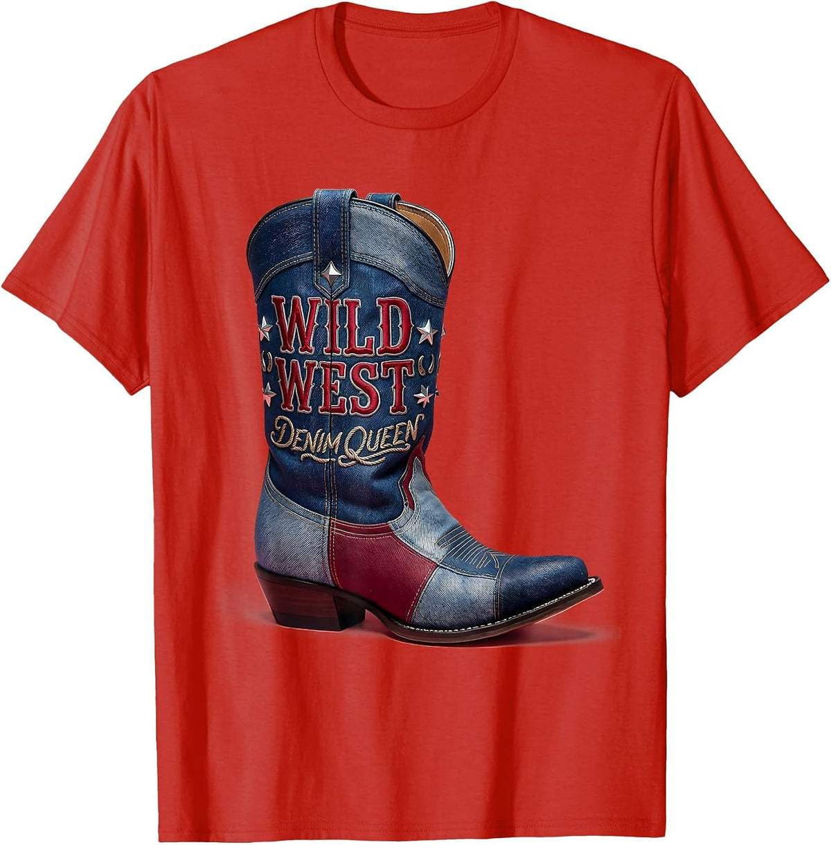 Men's Wild West Denim Queen Cowgirl Design T-Shirt - Red