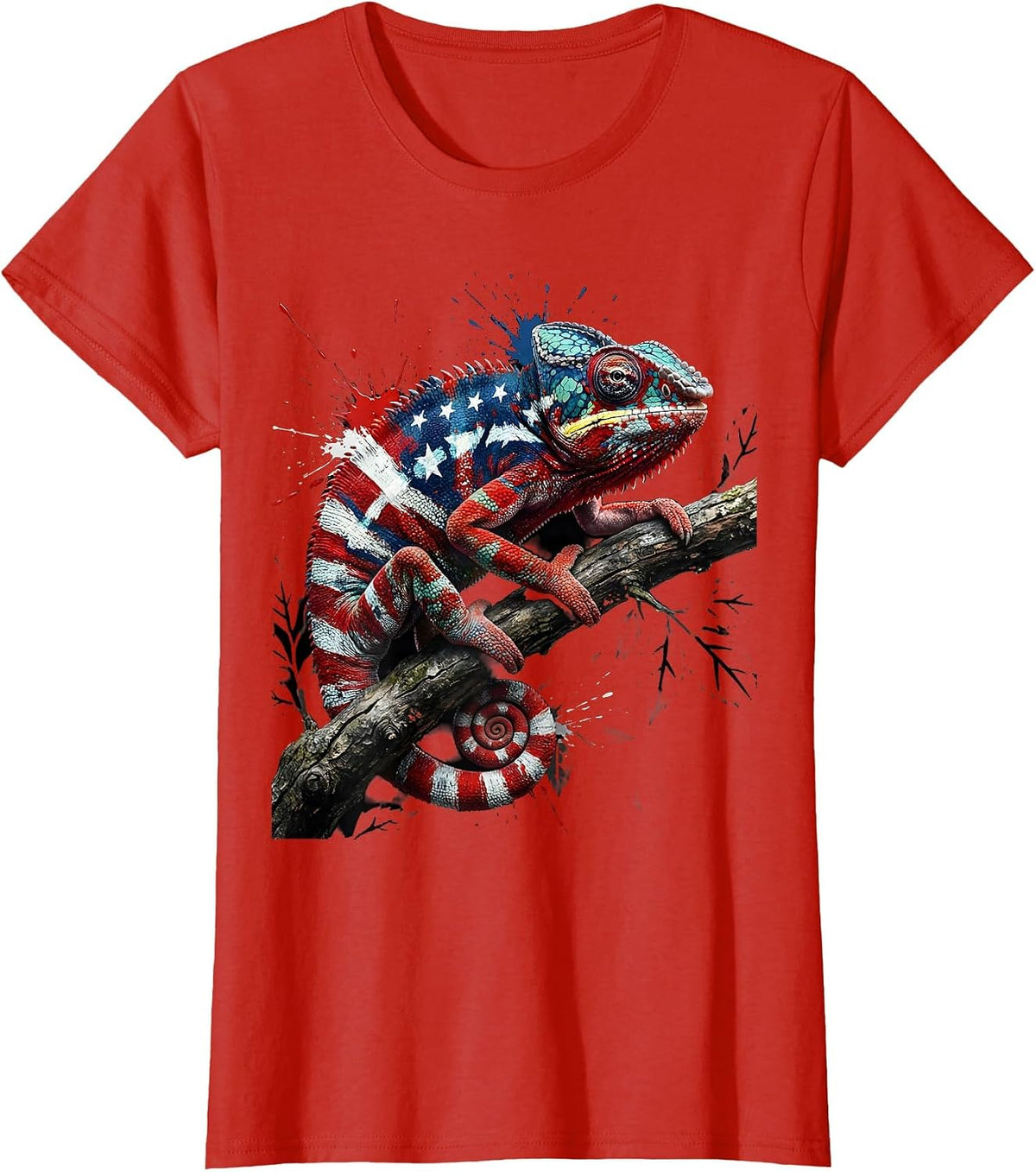 Chameleon Camouflage Leafy Branch Nature Art T-Shirt - Red