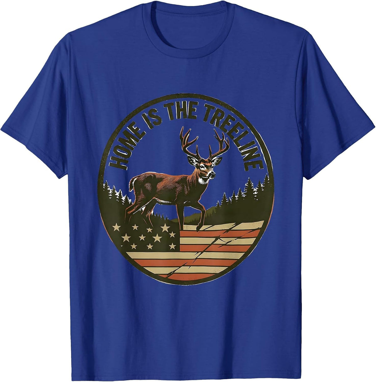 Men's Home Is The Treeline Screenprint Poster Whitetail Buck Deer T-Shirt - Royal Blue