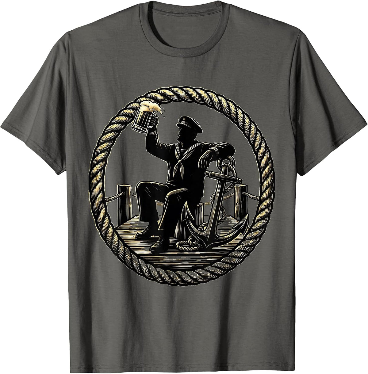 Sailor Anchor Tattoo Beer Drinking on the Dock T-Shirt - Asphalt Grey