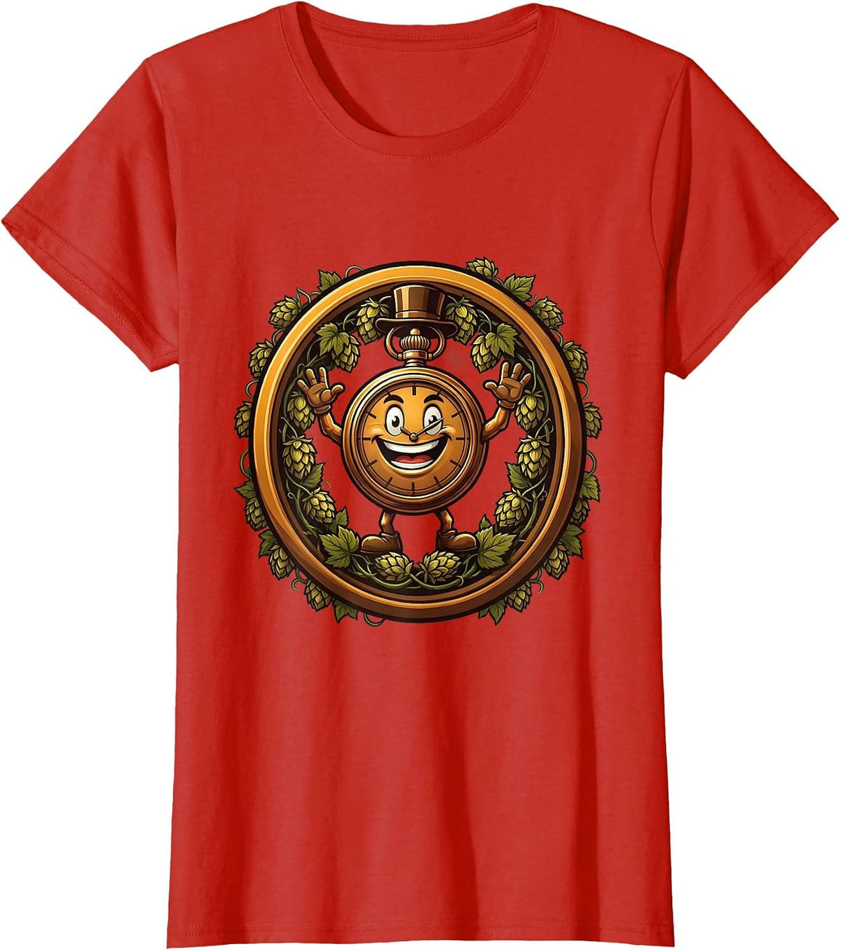 Oktoberfest Vintage Pocket Watch and Hops Design T-Shirt - Red