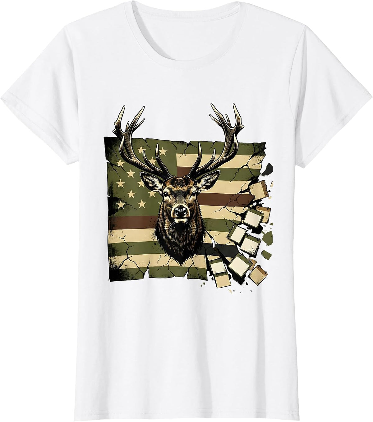 Buck Head Camo Flag Funny Deer Hunting Hunter Dad T-Shirt - White