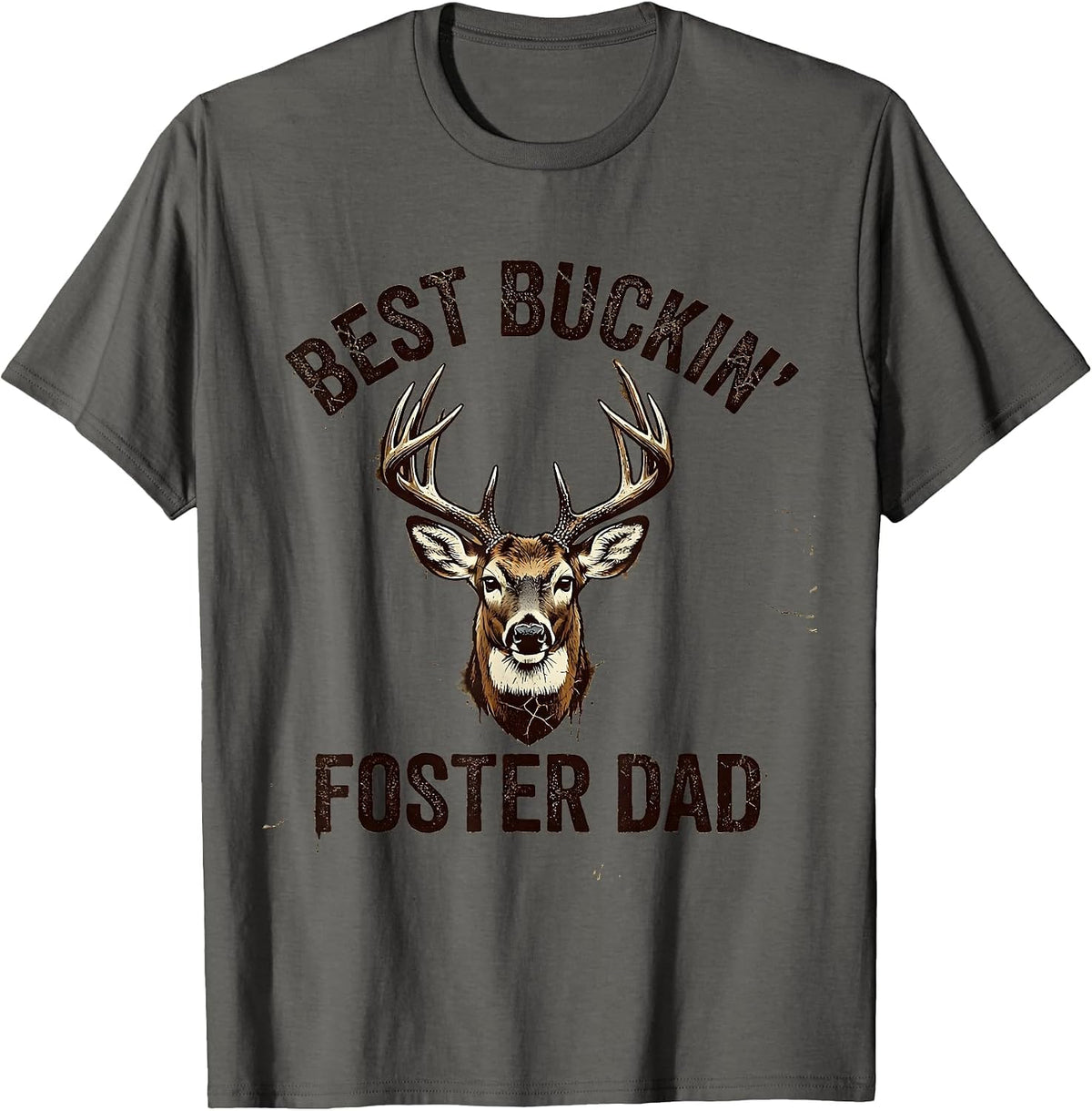 Best Buckin' Foster Dad Funny Distressed Deer Hunting Gift T-Shirt - Asphalt Grey
