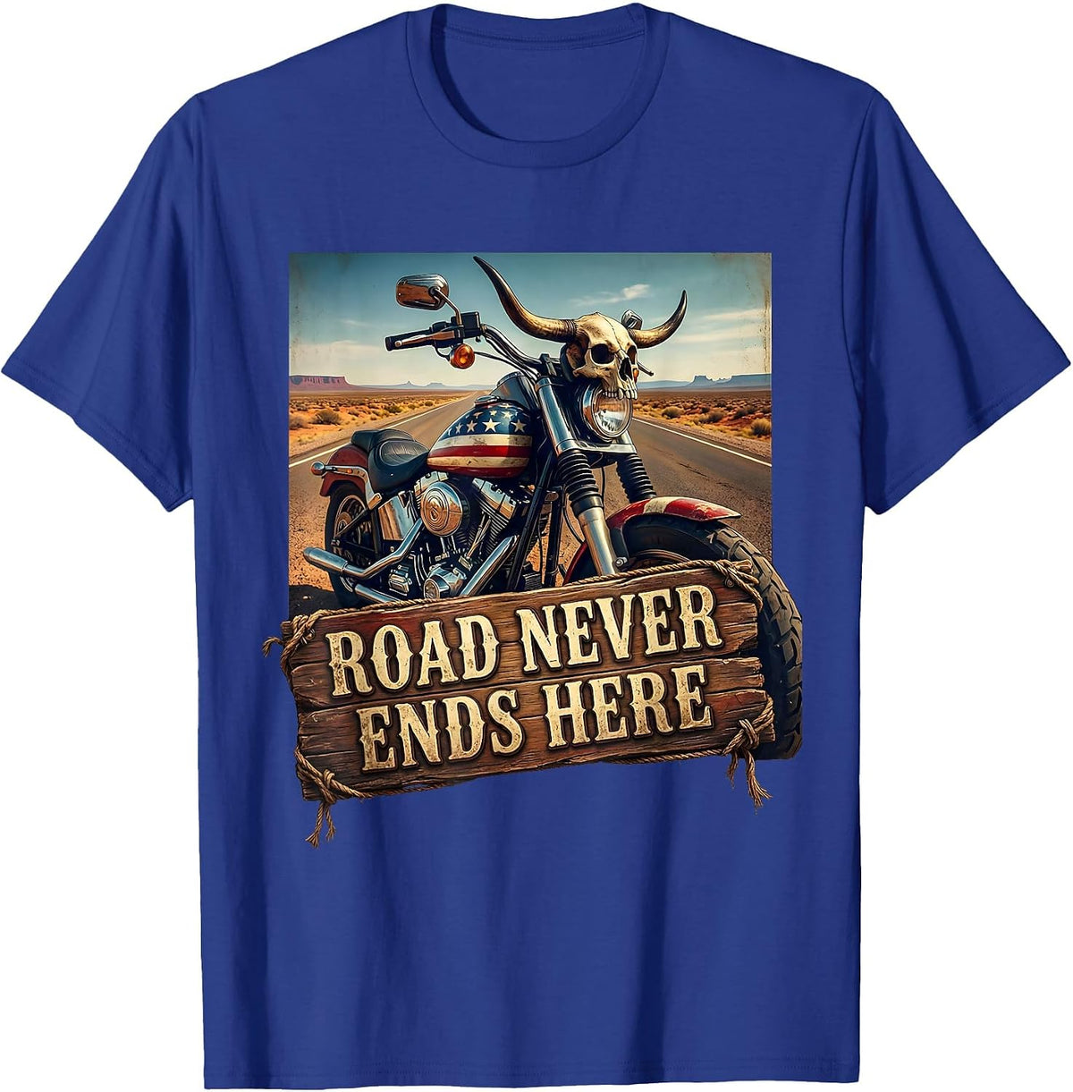 Men's Road Never Ends Here Motorcycle Rider Design T-Shirt - Royal Blue