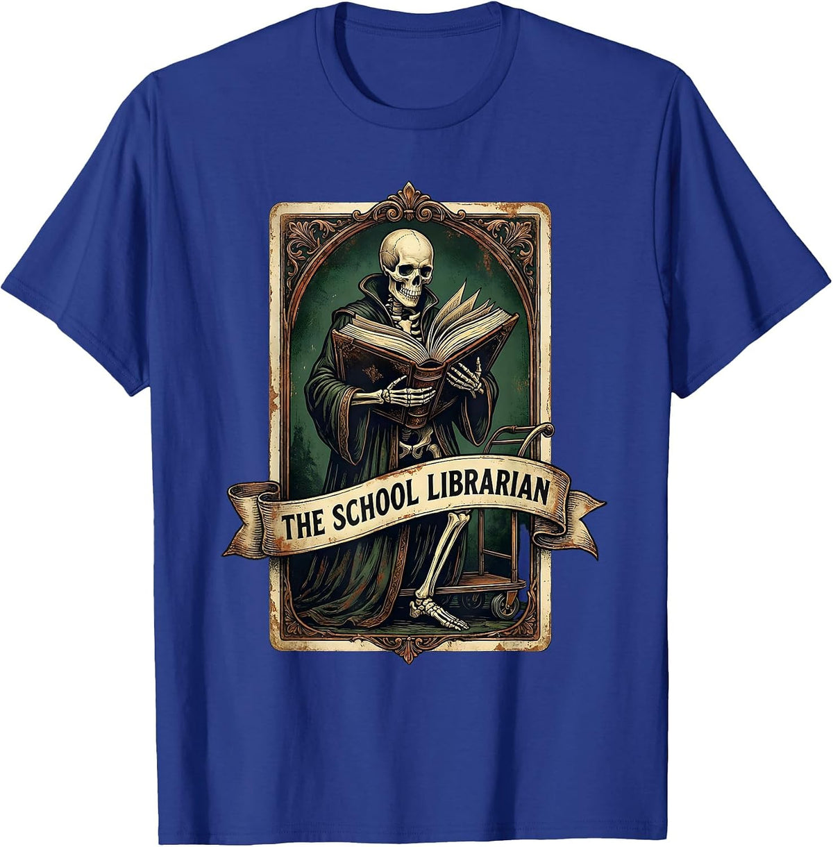 Men's The School Librarian Vintage Tarot Card Skeleton Halloween T-Shirt - Royal Blue