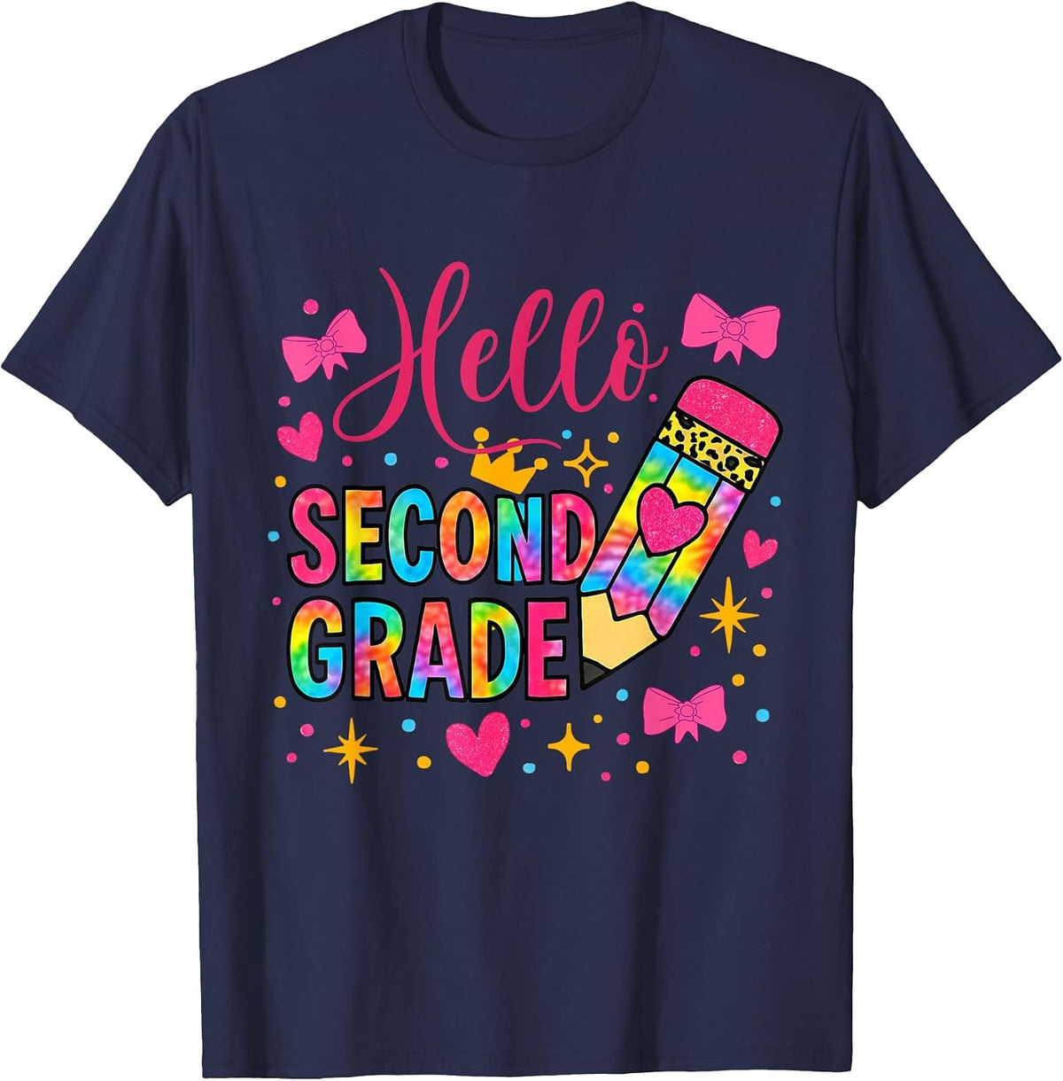 Hello Second Grade Colorful Pencil Tie Dye Back to School T-Shirt - Navy Blue