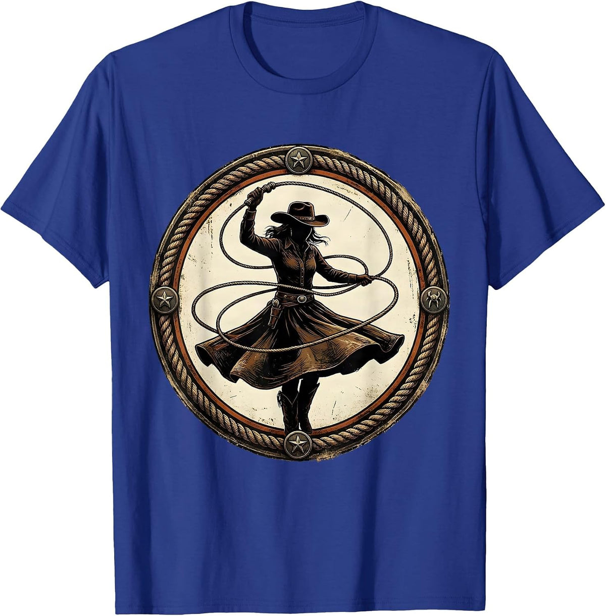 Cowboy Lasso Twirl Wide Brim Hat Western Graphic T-Shirt - Royal Blue