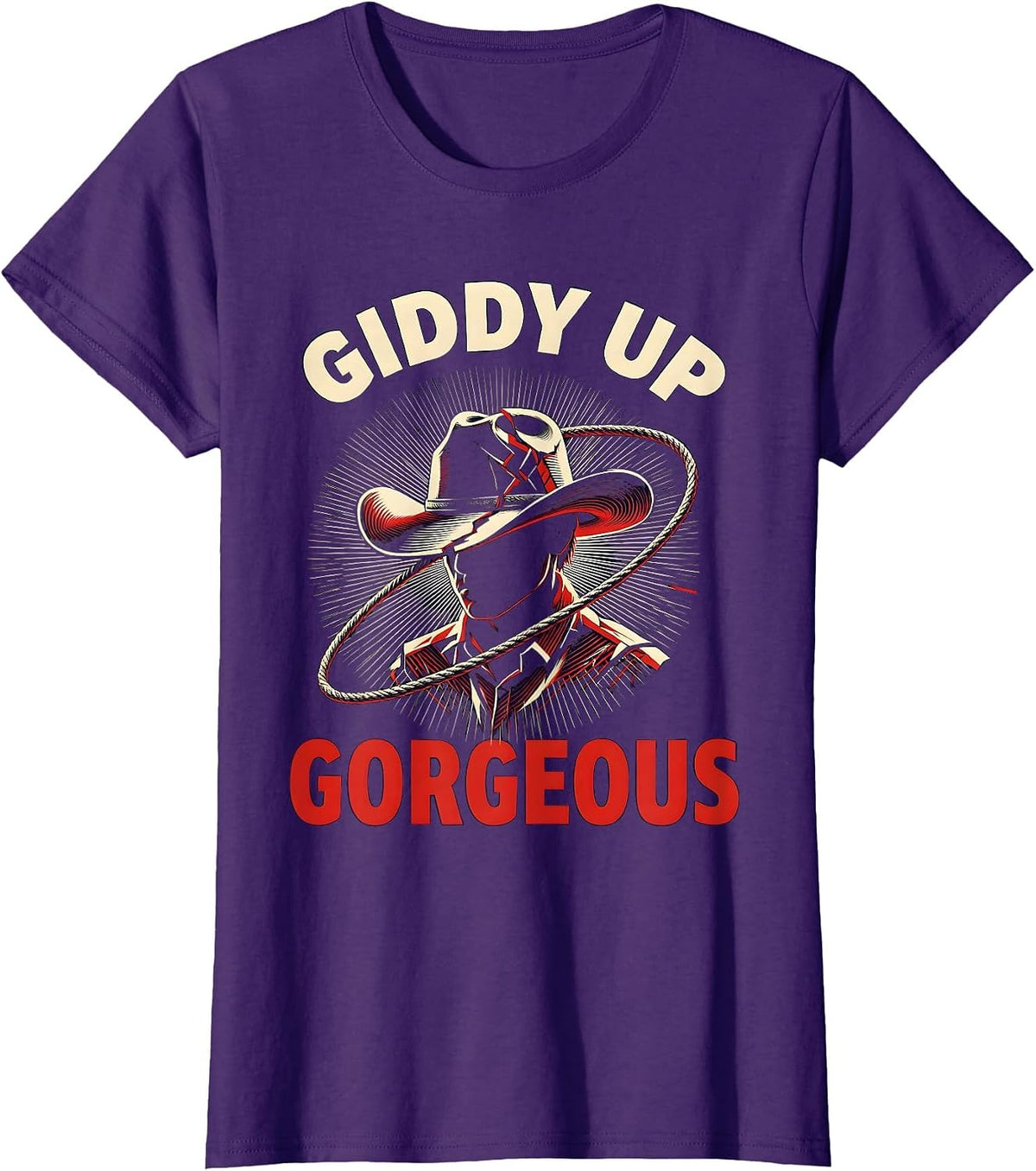 Women's White Cowgirl Giddy Up Gorgeous Western Design T-Shirt - Purple