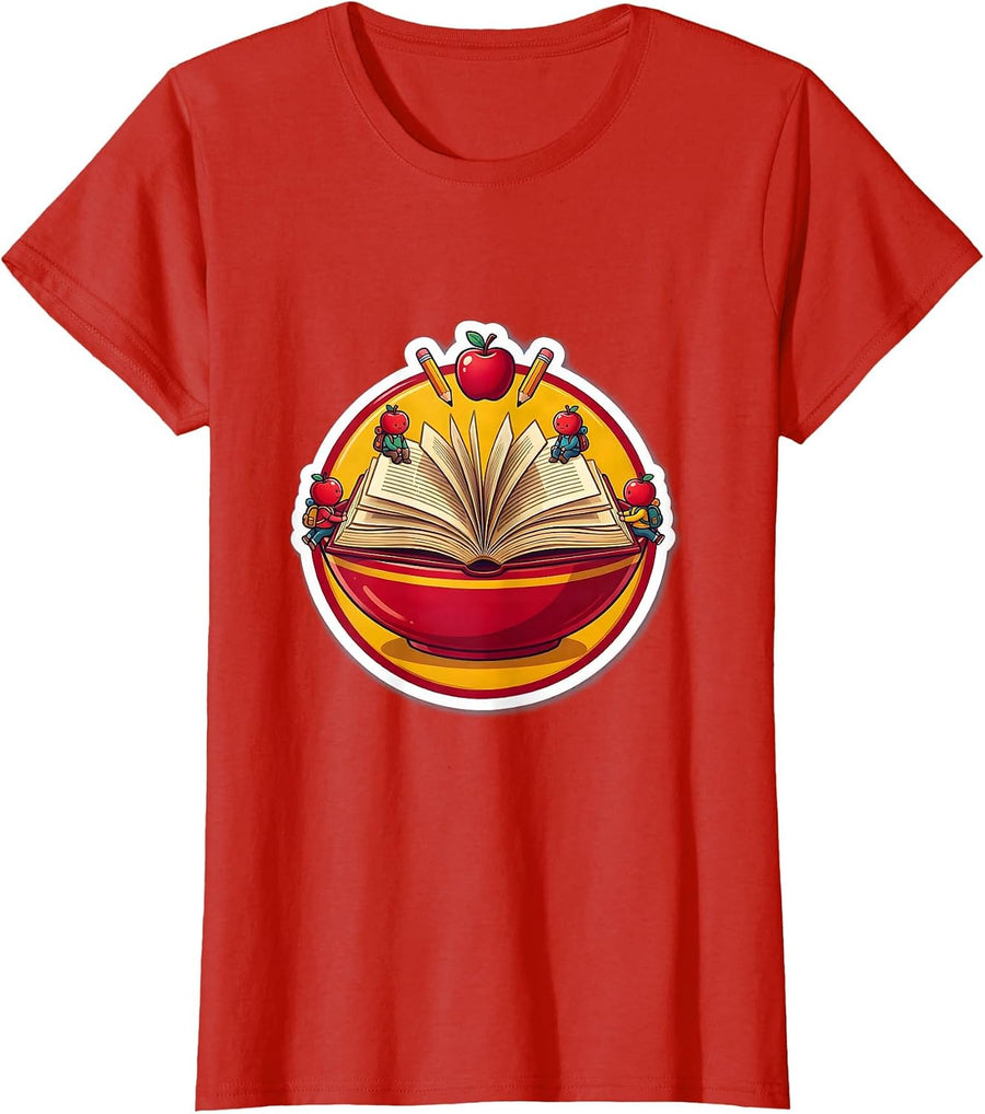 Women's 2nd Grade Teacher Tiny Students Open Book Design T-Shirt - Red